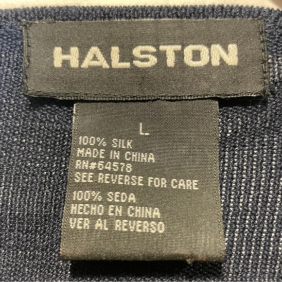 Halston cardigan long sleeve crew neck gold buttons silk blue womens large - Picture 2 of 5